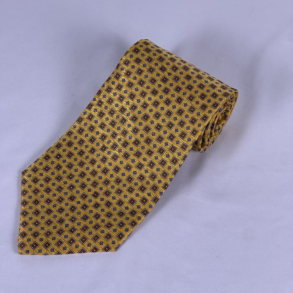 Paul Fredrick Silk Tie Vintage Gold Brown Square Geometric Handmade in USA 4" W